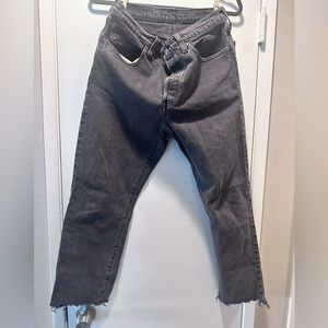 Levi 501 black wash W30 L26. Frayed hem